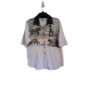 Vintage Tapestry Mens Animal Print Button Up Short Sleeve Shirt
